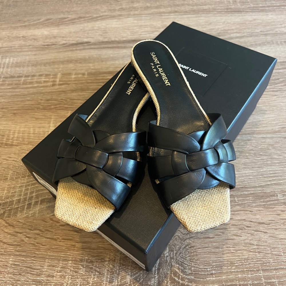 Saint Laurent Tribute Sandals sz 36.5 - black with raffia